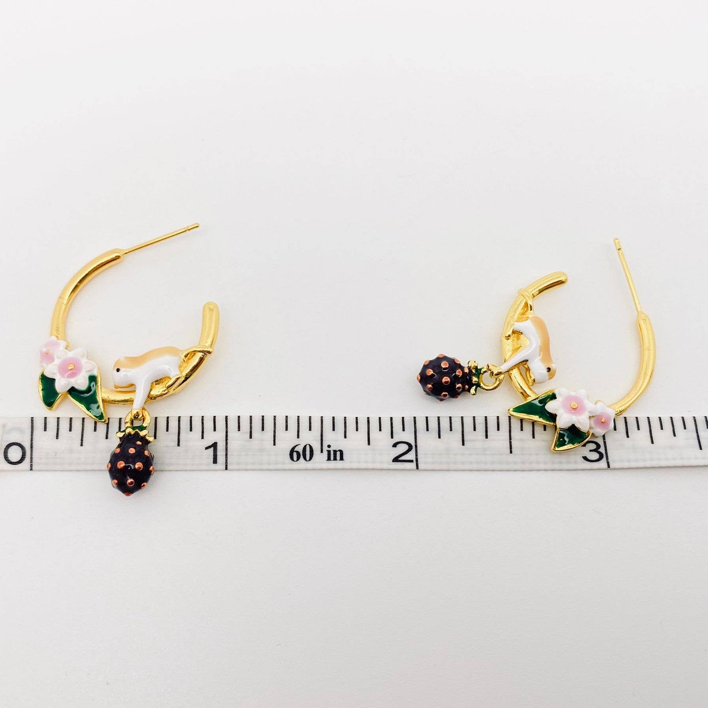 Hamster Picking Raspberrie Enamel Hoop Earrings, Gold Color