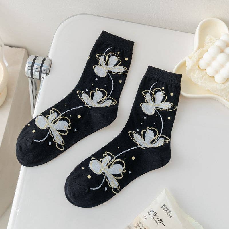 Black and White Floral Patterned Socks