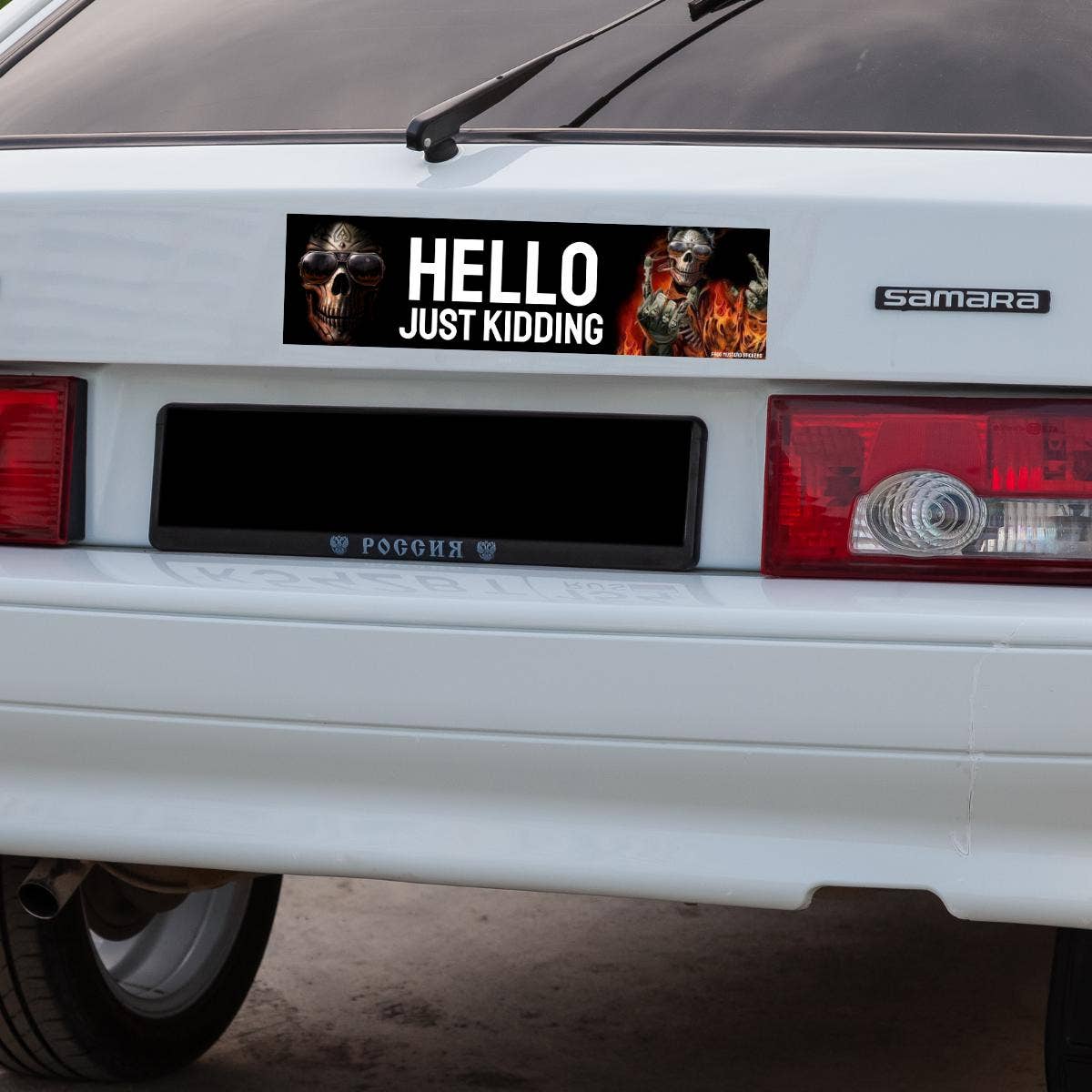 Frog Mustard • “Hello. Just Kidding.” Ghost Rider Skeleton Meme Bumper Sticker