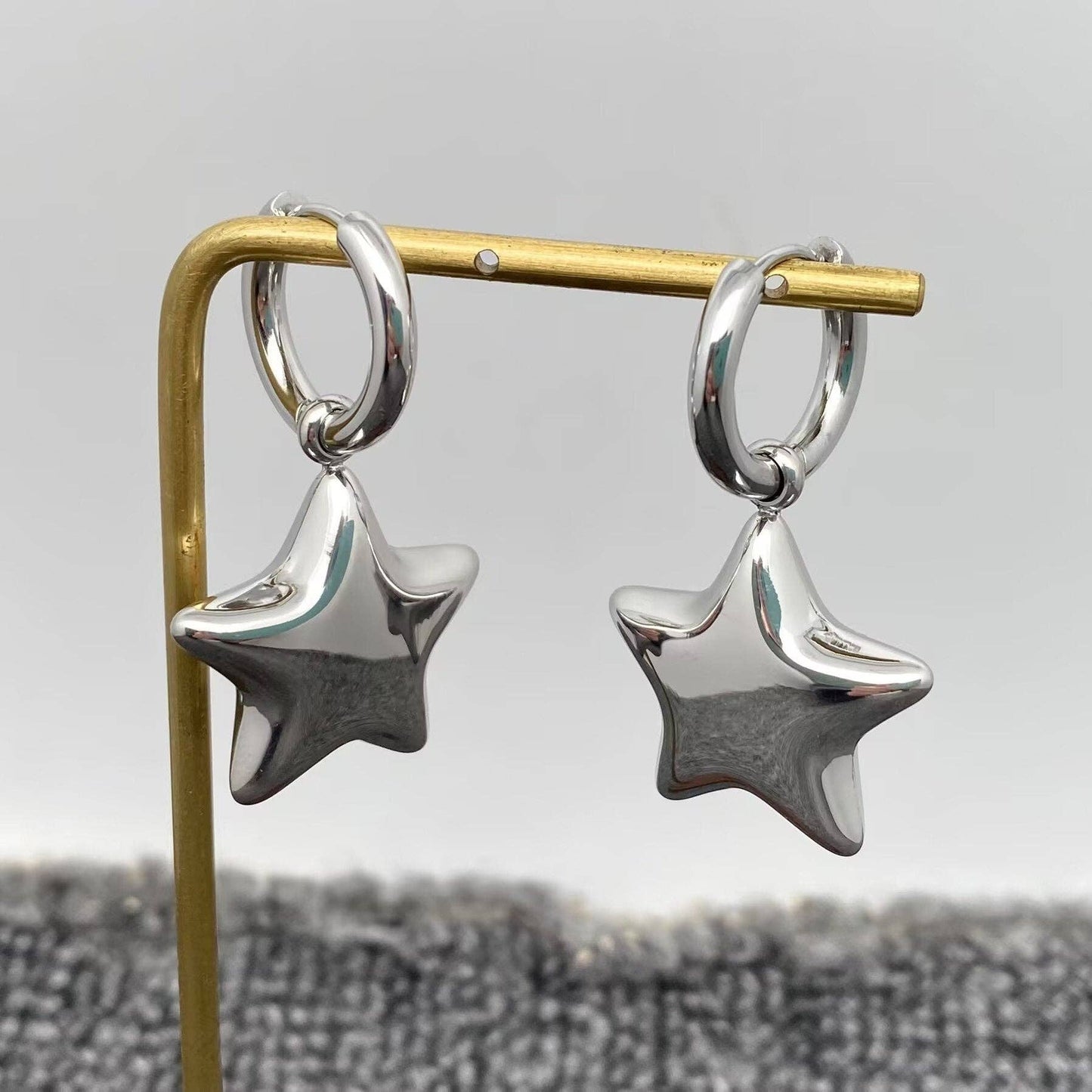Stainless Steel Silver Color Glossy Star Charm Huggie Dangle Earrings