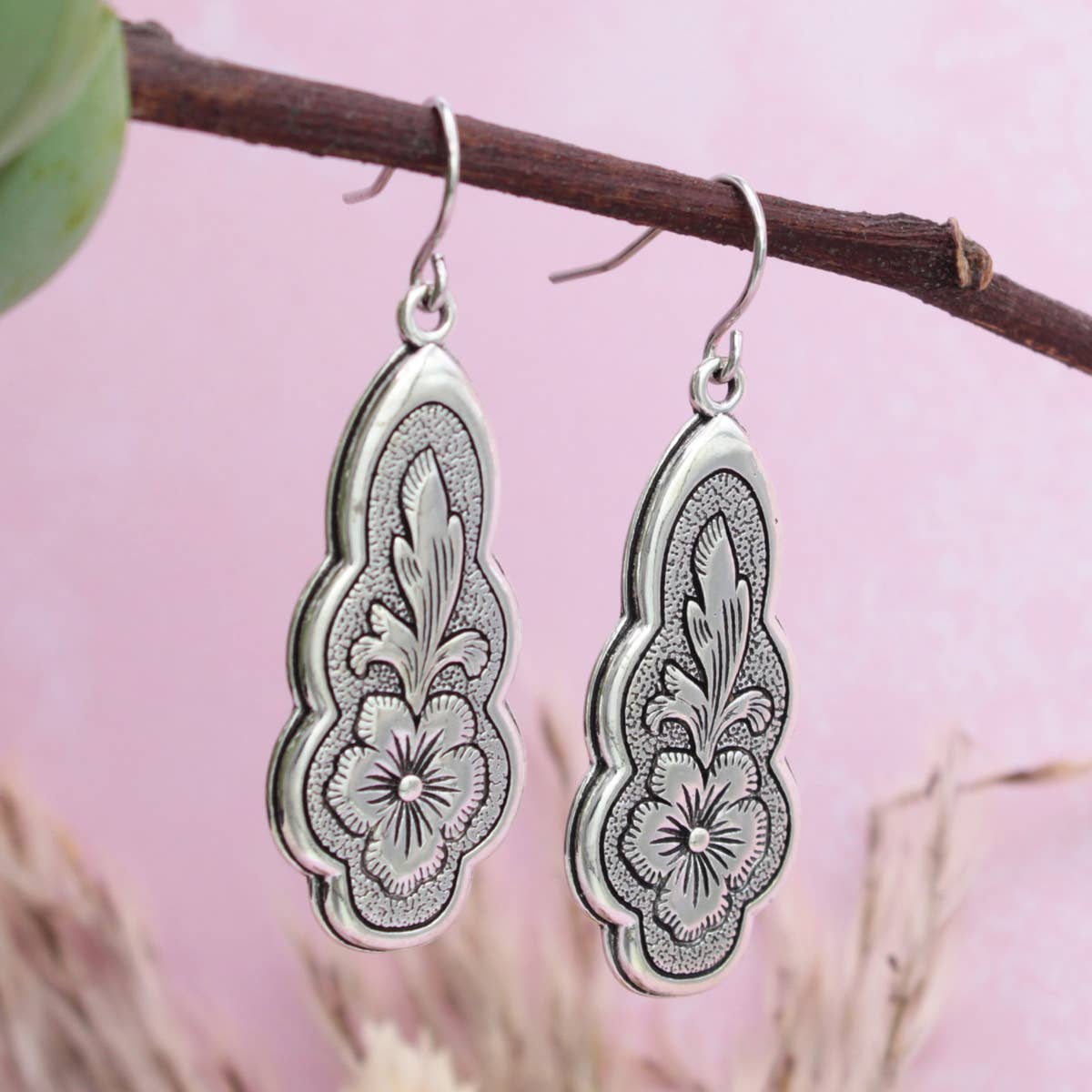 Vintage-Style Flourish Flower Silver-Color Earrings