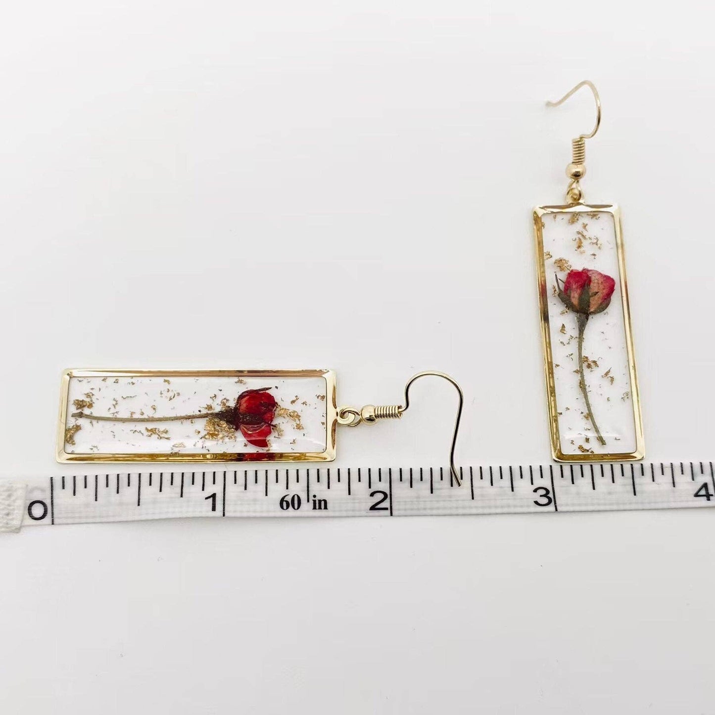 Rectangular Genuine Rose Dried Flowers Dangle Earrings, Gold Color