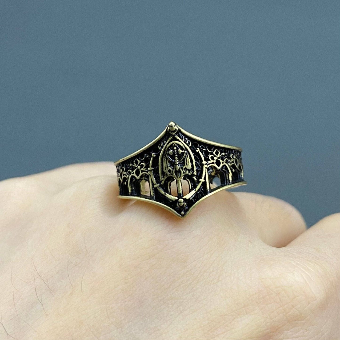 Vintage Gothic Style Castle Ring, Aged Gold Color