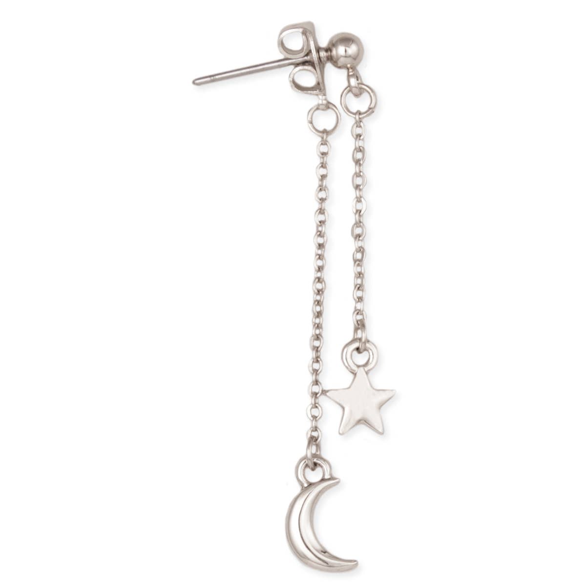Silver Color Moon and Star Linear Drop Earrings