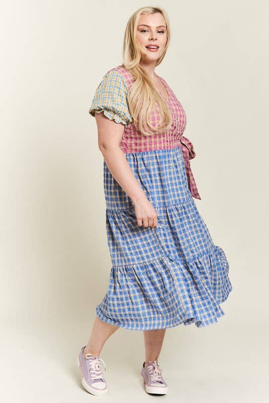 Plus Size, Colorblock Gingham Dress Cottagecore