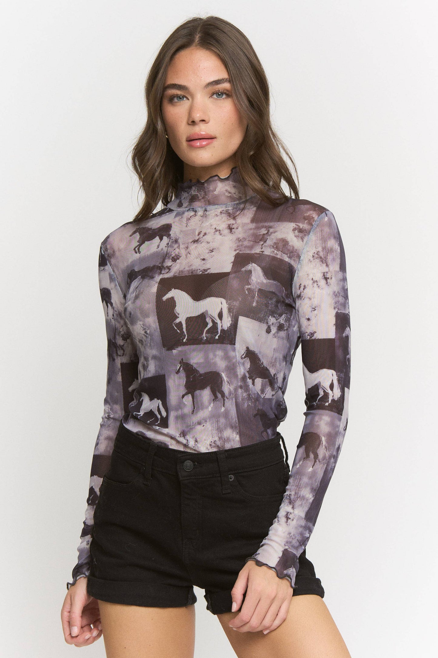 Plus Size, Horse Print Mesh Mock Neck Long Sleeve Top