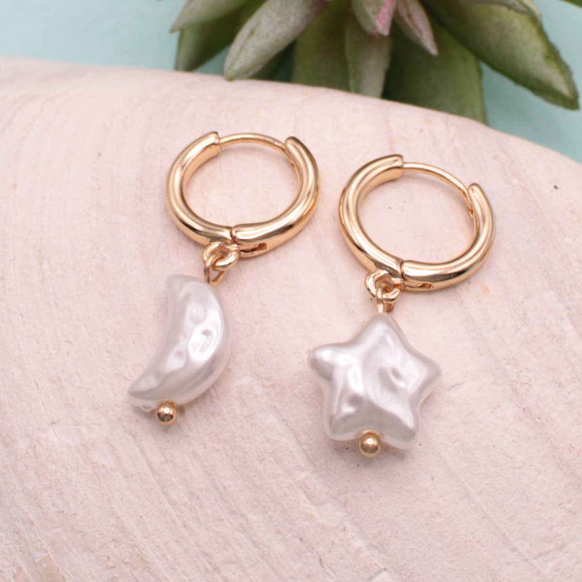 Celestial Pearls Moon Star Gold Color Hoop Earrings