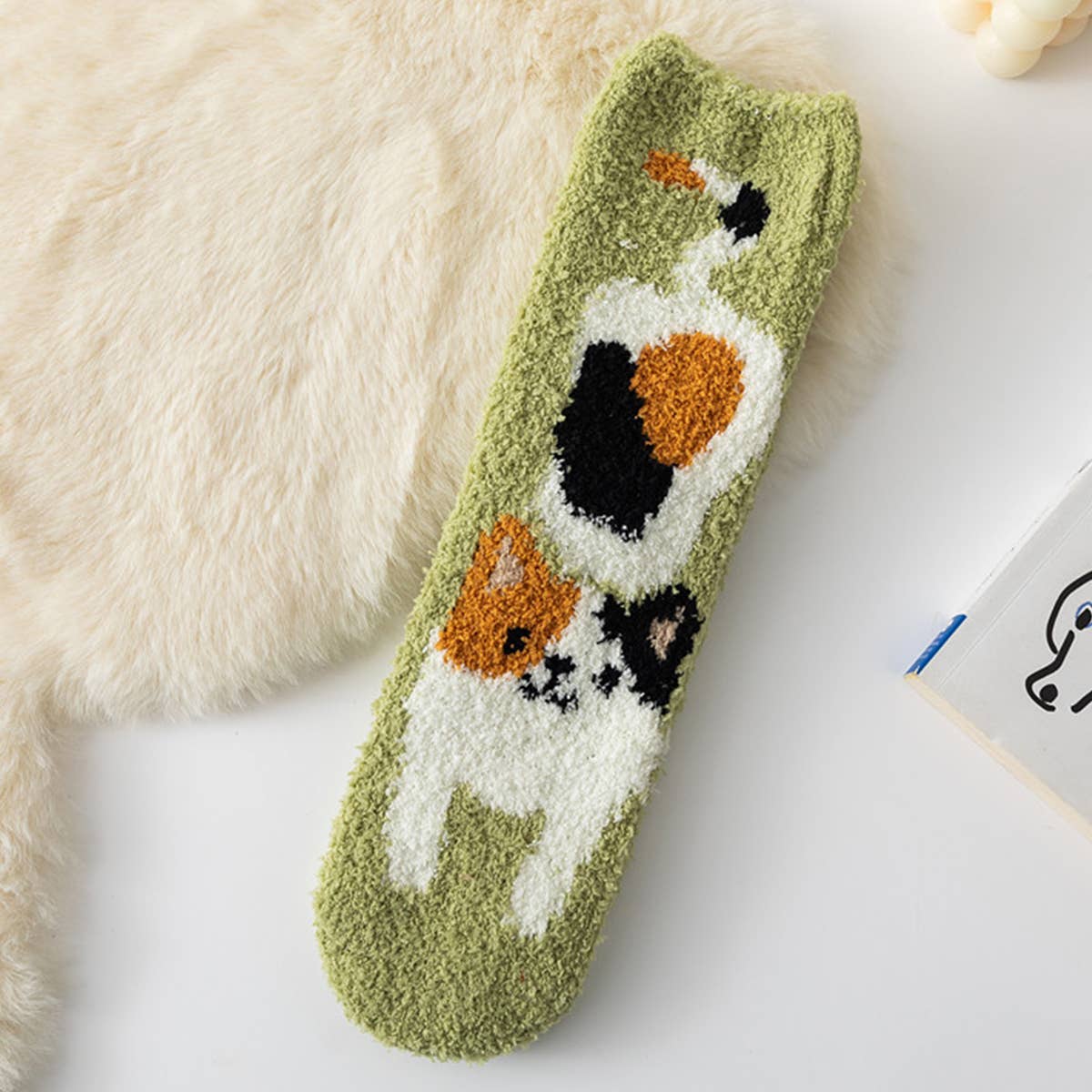 Fluffy Moss Green Cat Socks