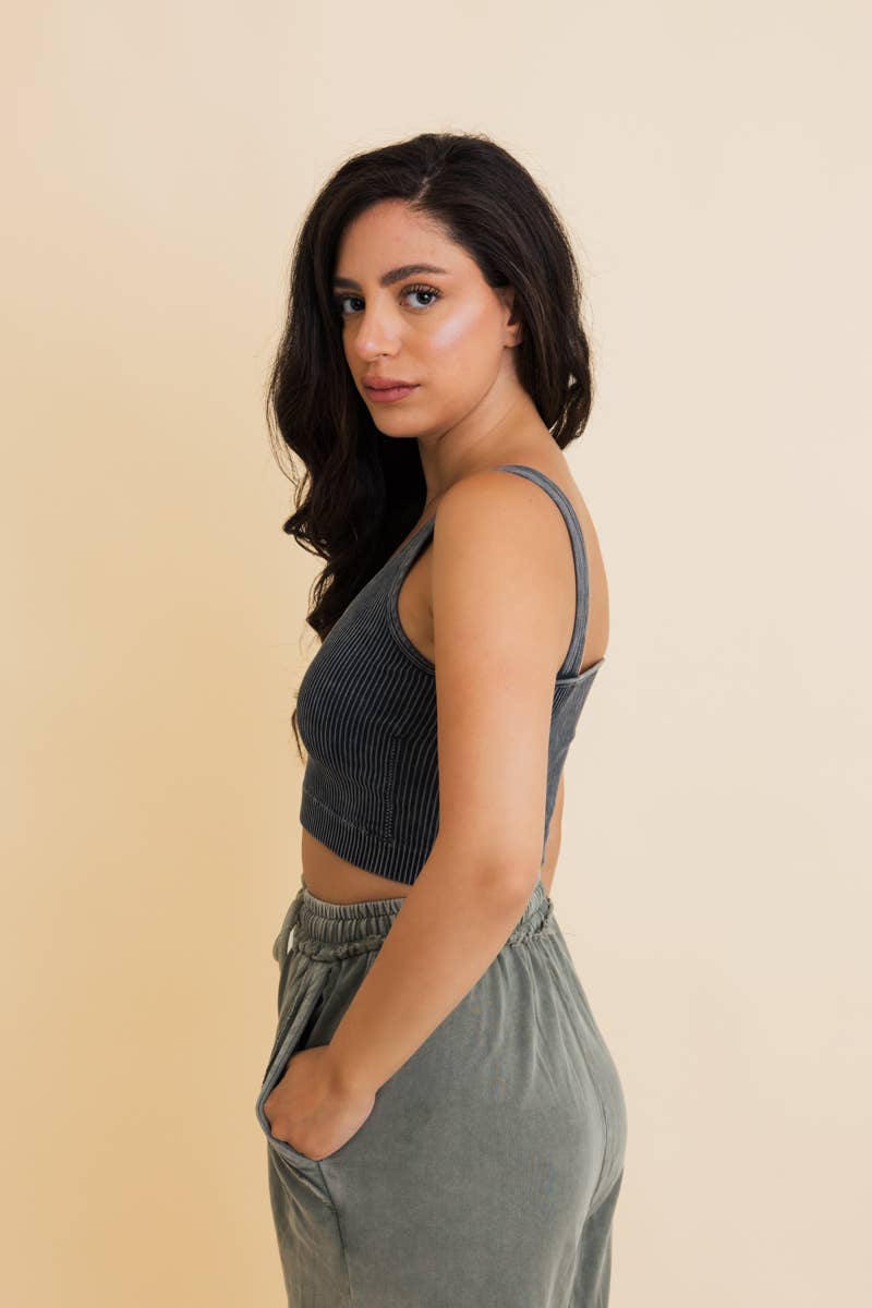 SALE • Stone-Washed Ribbed Padded Bralette, Black, Sage