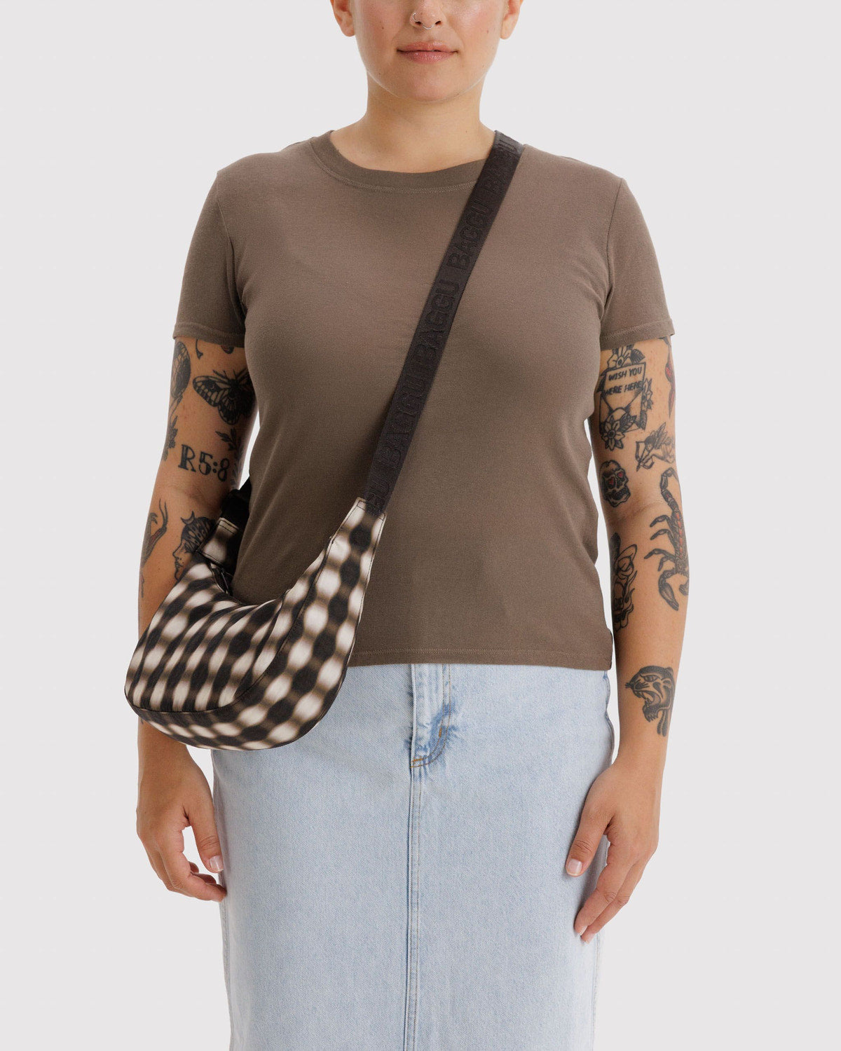 BAGGU - “Blurred Gingham Brown” Small Nylon Crescent Bag