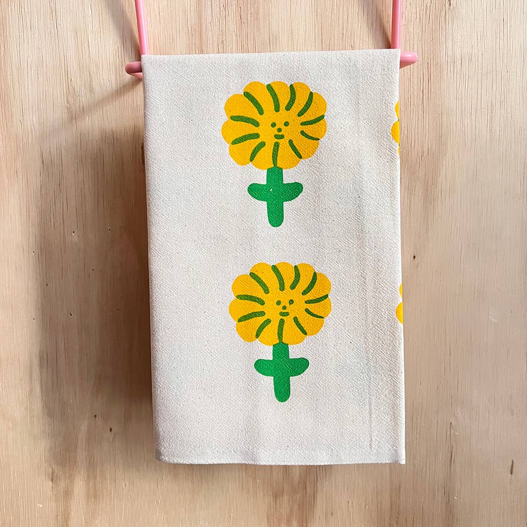 Hand-Printed Happy Flower Tea Towel