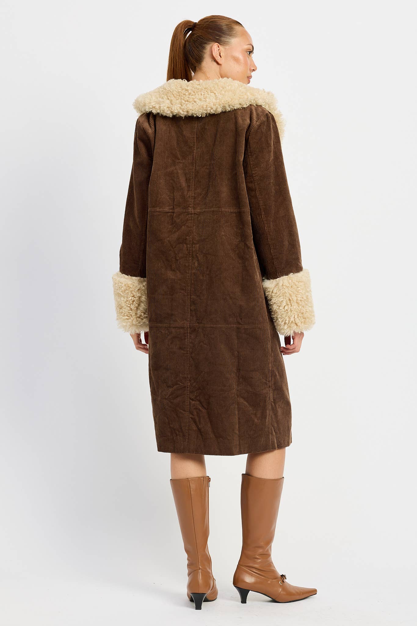Emory Park • Mid-Length Trench Coat, Faux White Fur