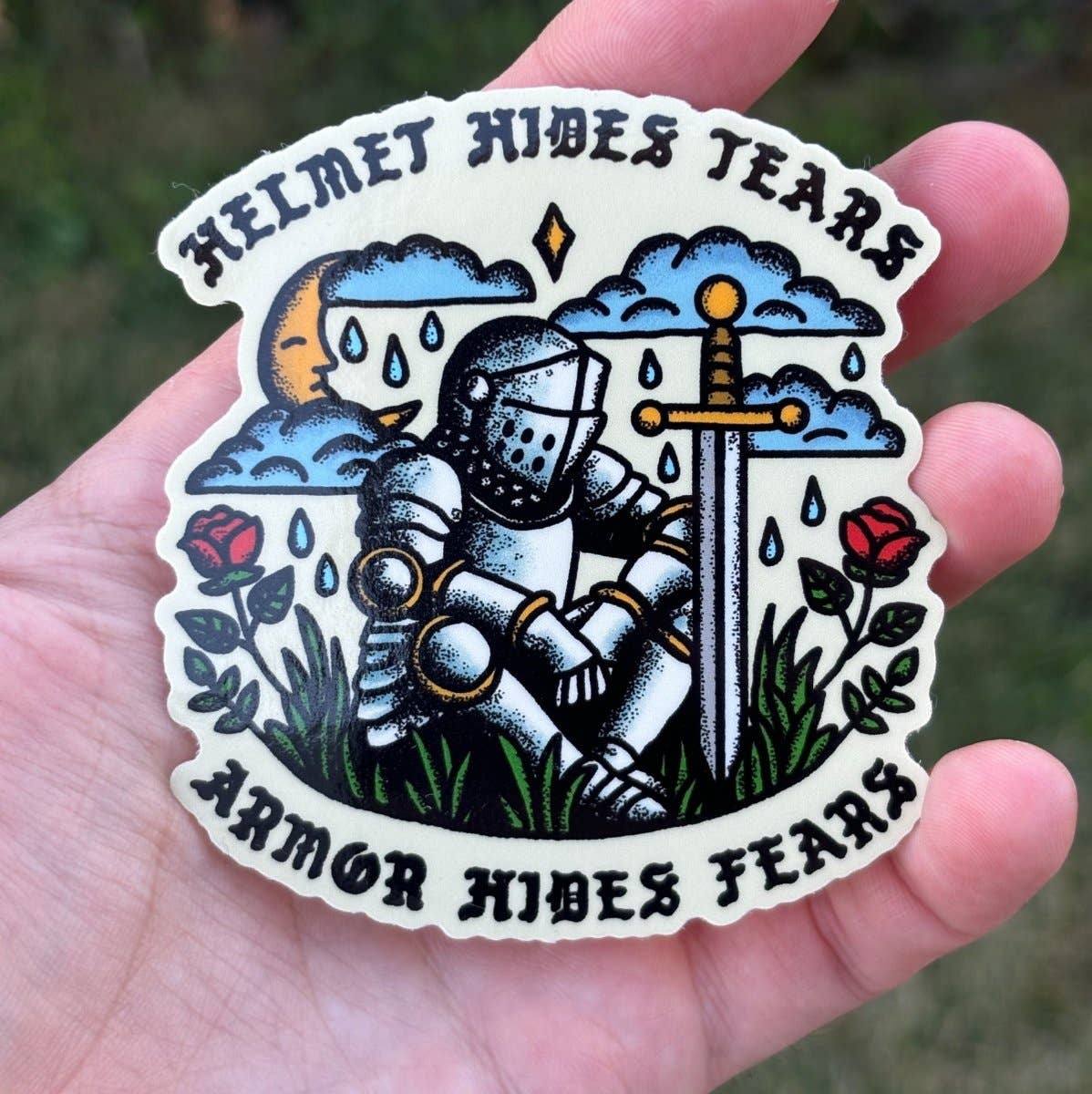 “Helmet Hides Tears, Armor Hides Fears” Knight Vinyl Sticker