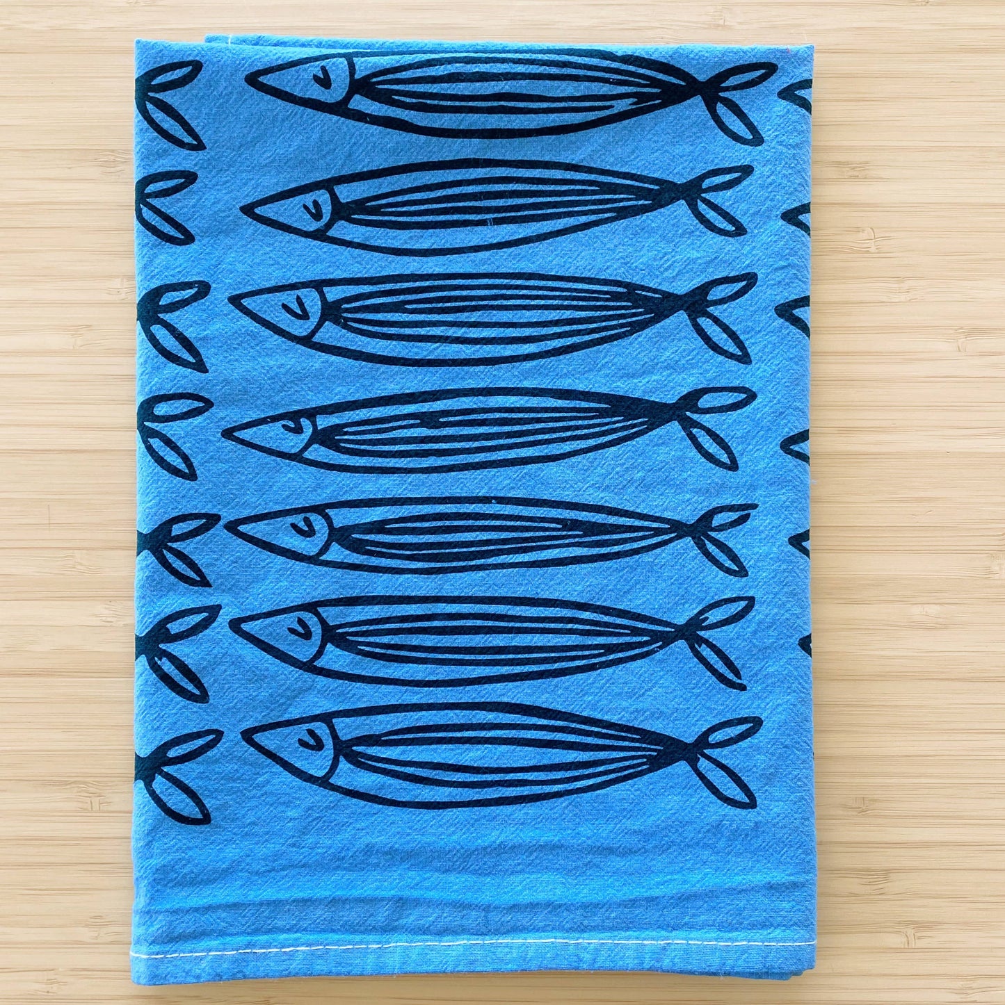 Julie Peach • Silkscreened Tea Towel, Blue Sardines