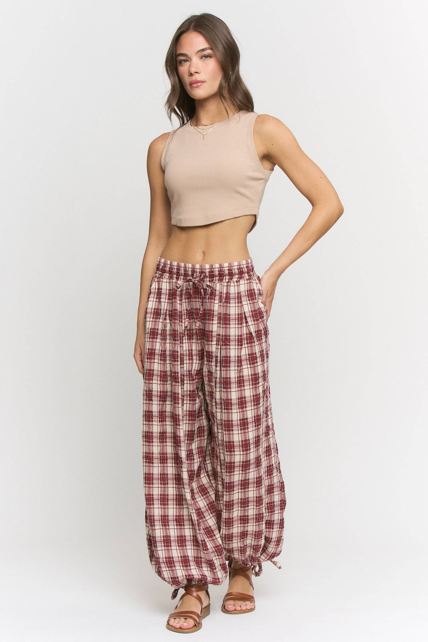 Plus Size, Wine Maroon Plaid Cinched Stretch Pants