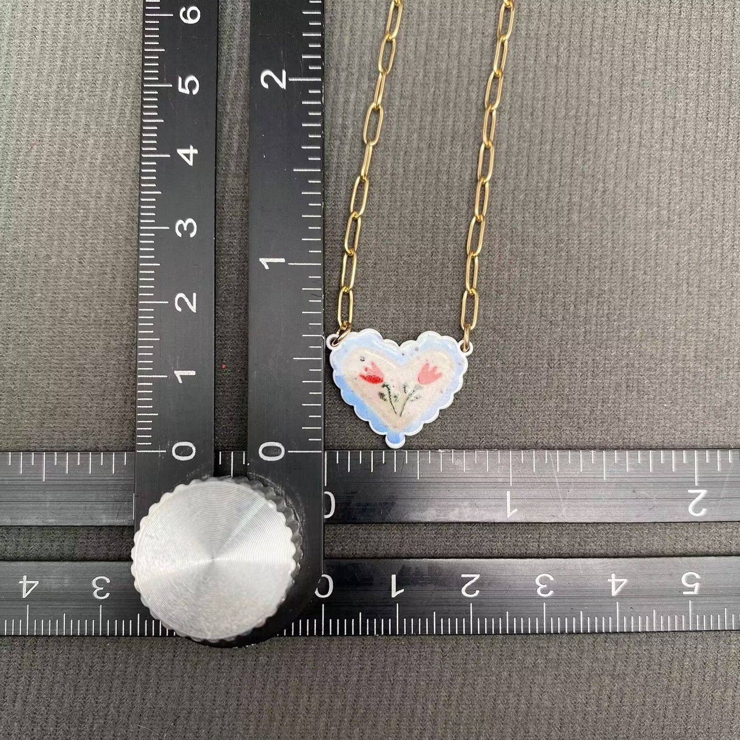 Flower Pattern Heart Charm Necklace, Gold Plated