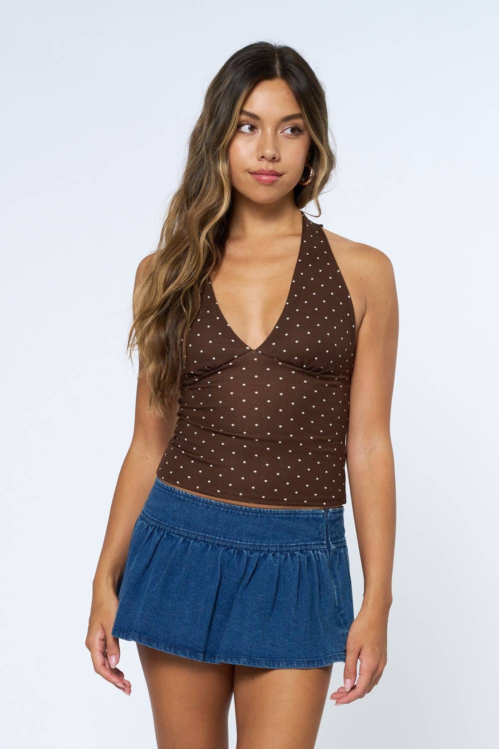 Polka Dot Brown & White Crepe Tiered Halter Top