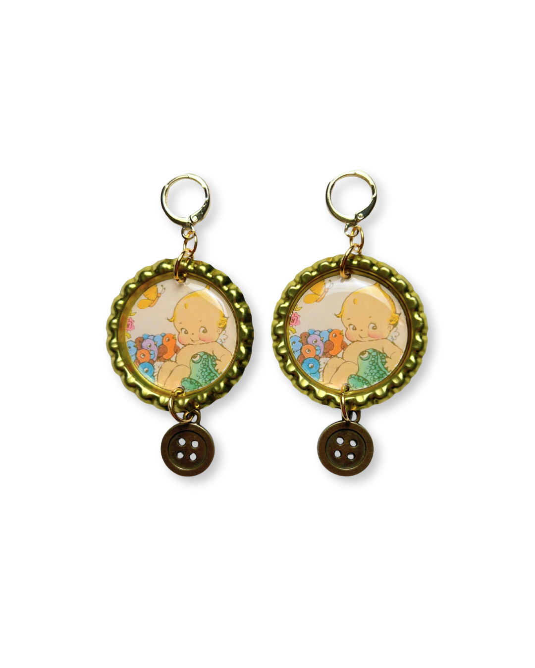 Painted Lady • Kewpie Button Dangle Earrings, Gold Color