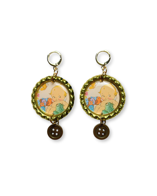Painted Lady • Kewpie Button Dangle Earrings, Gold Color