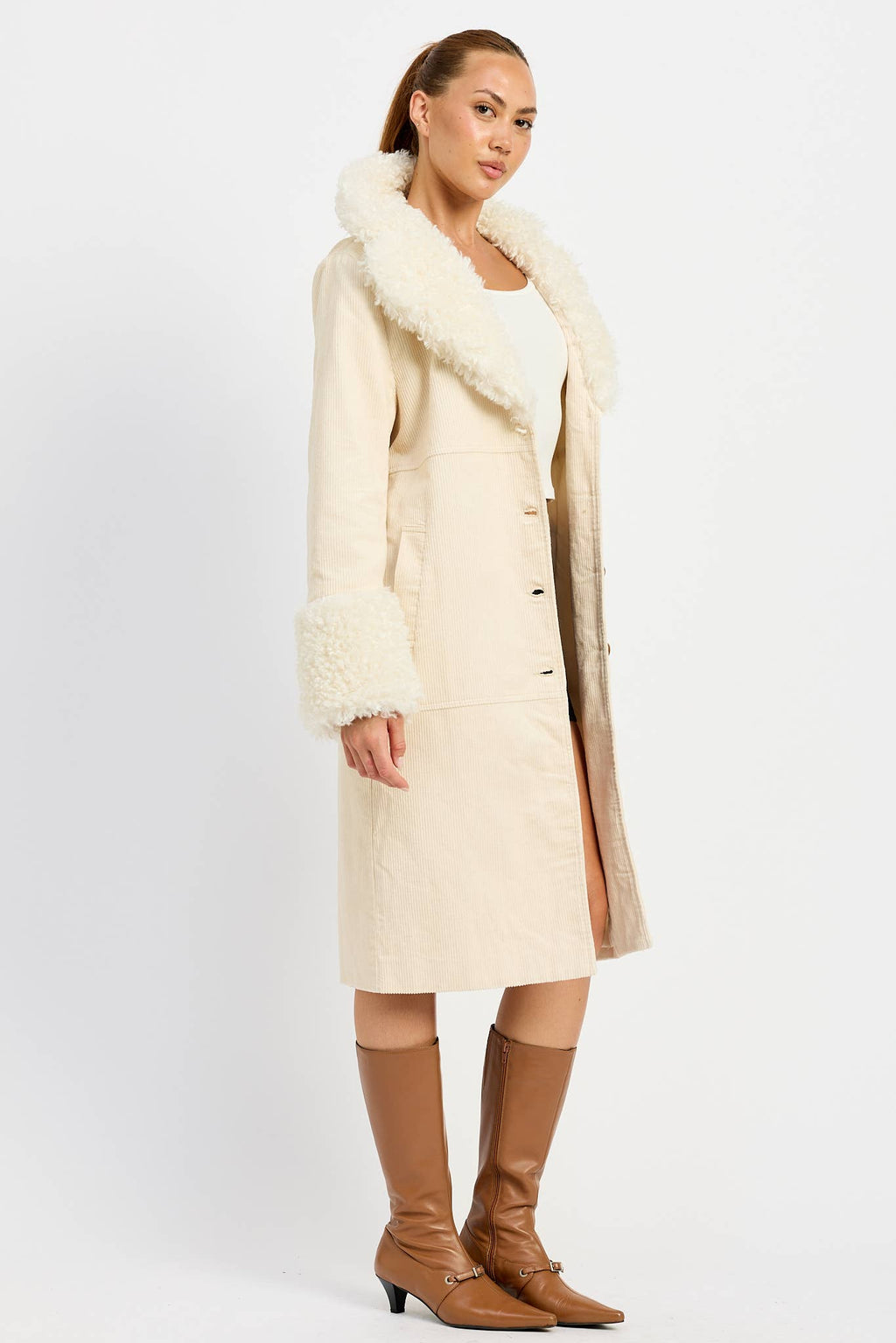 Emory Park • Mid-Length Trench Coat, Faux White Fur