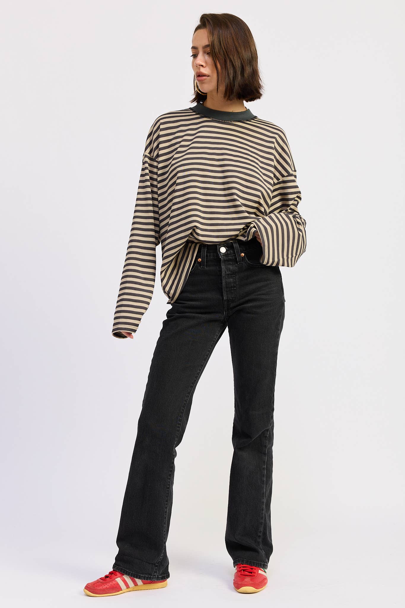 Emory Park • Oversized Stripe Taupe Long Sleeve Top