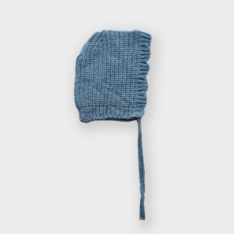 Dusty Blue Irregular Lace Knit Wool Tie-Up Bonnet