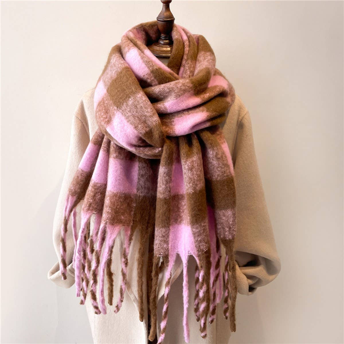 Plaid Winter Scarf Shawl - Brown And Pink