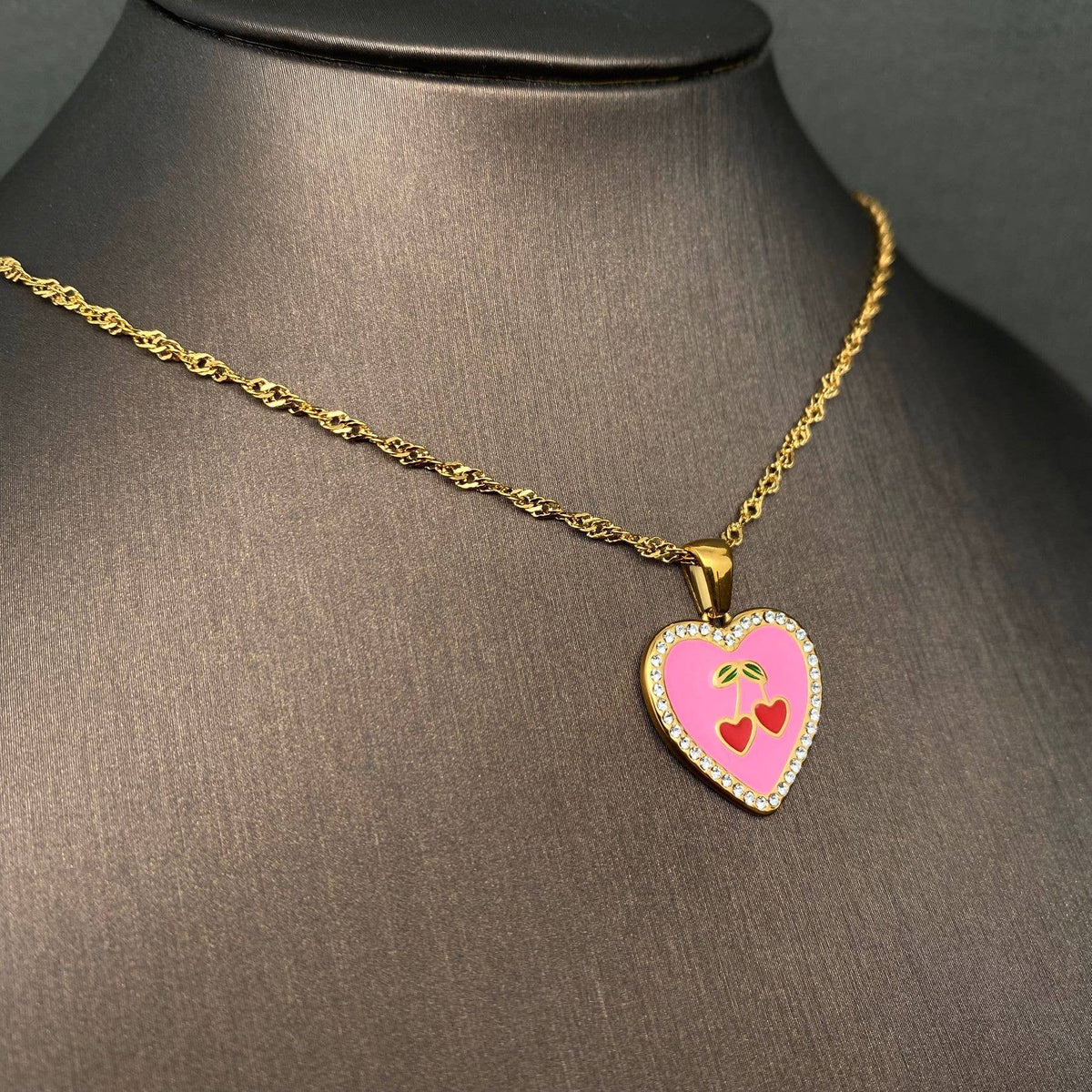 Enamel Cherry Heart Charm Necklace, 18K Gold Plated