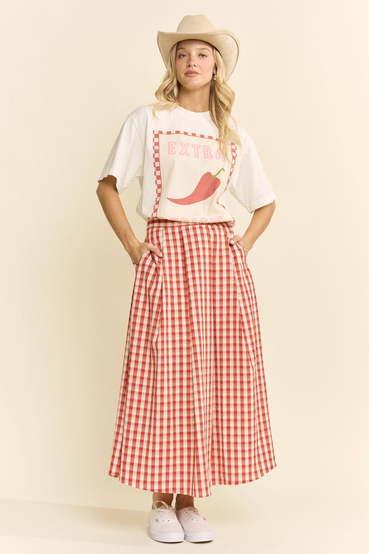 Plus Size, Gingham Midi Skirt, Red & Black Gingham