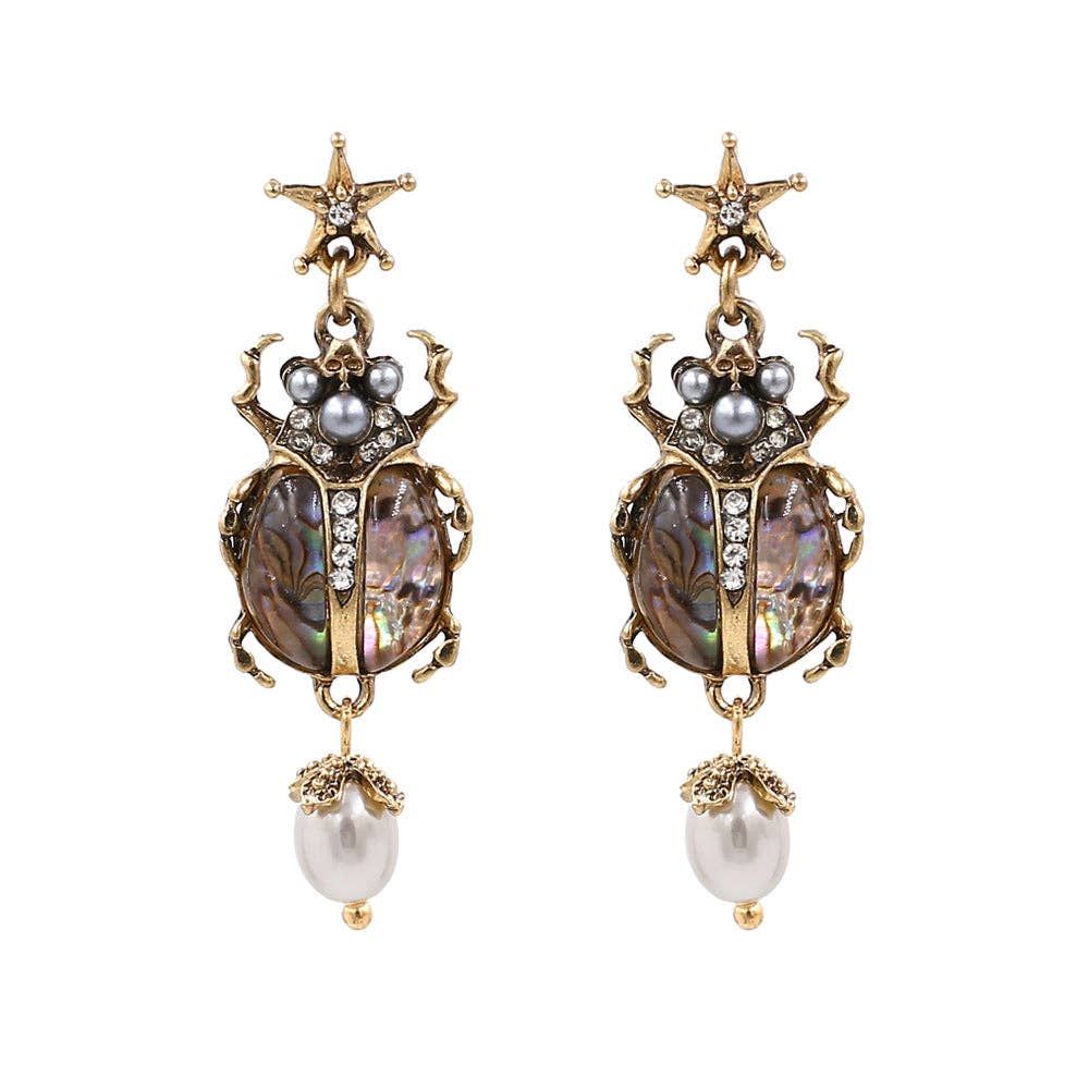 Vintage-Style Insect Pearl Pendant Earrings