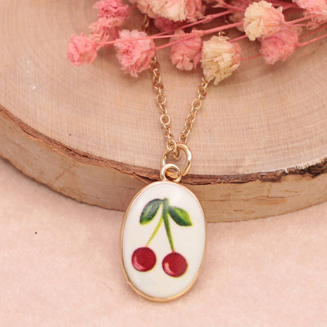 Cherry Vintage Style Enamel Cherries Gold Color Necklace