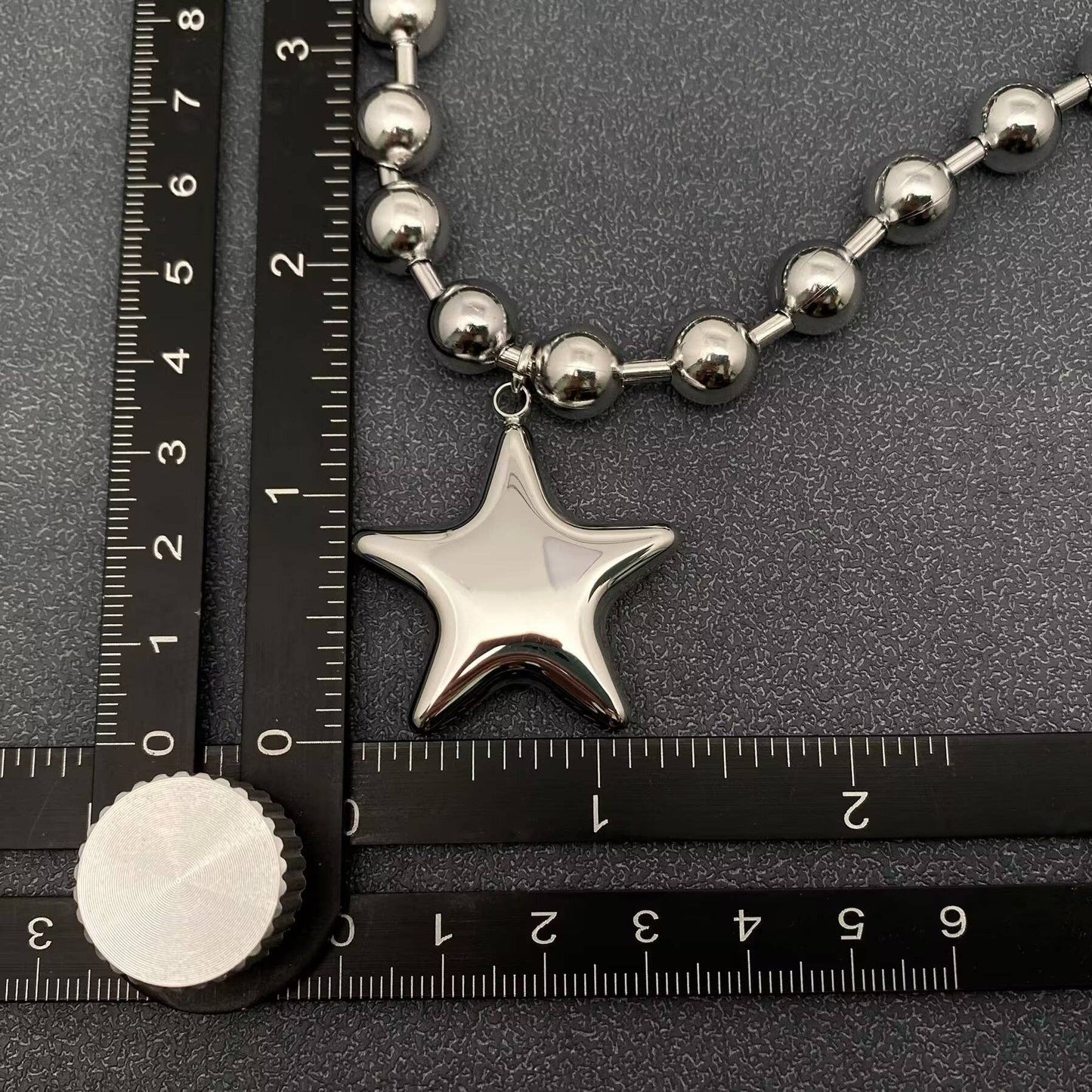 Glossy Big Star Charm Metal Beaded Necklace, Stainless Steel Silver Color