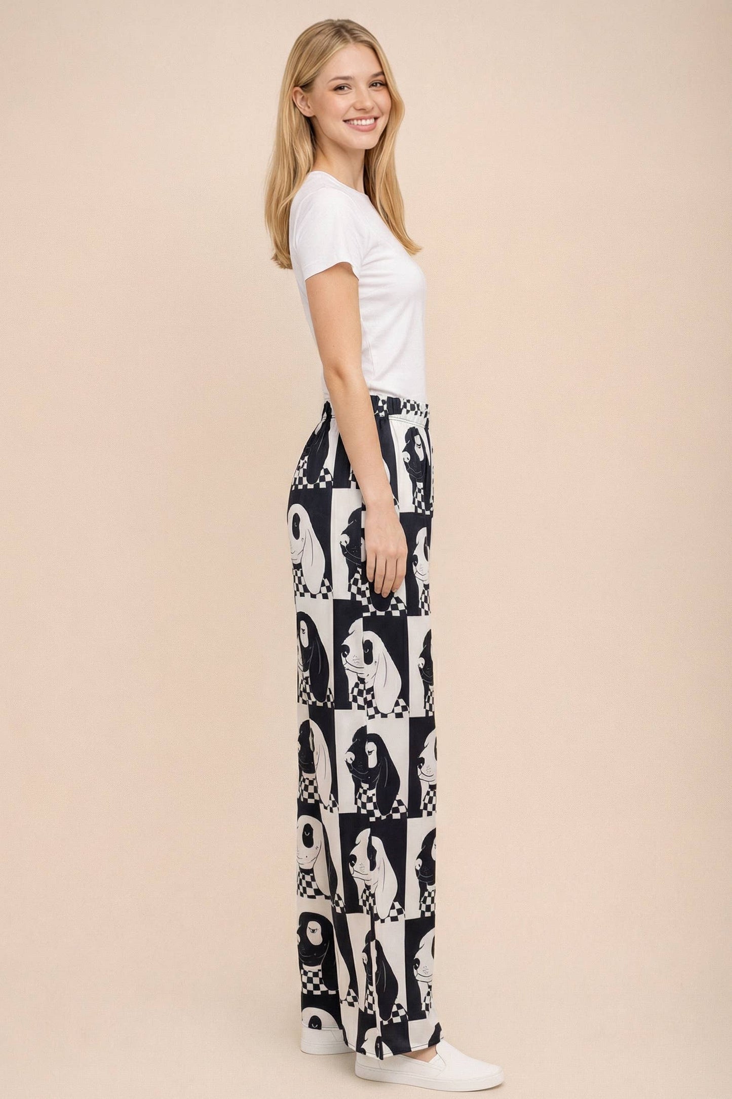 Plus Size, Dog Pattern Checkered Wide Leg Pants