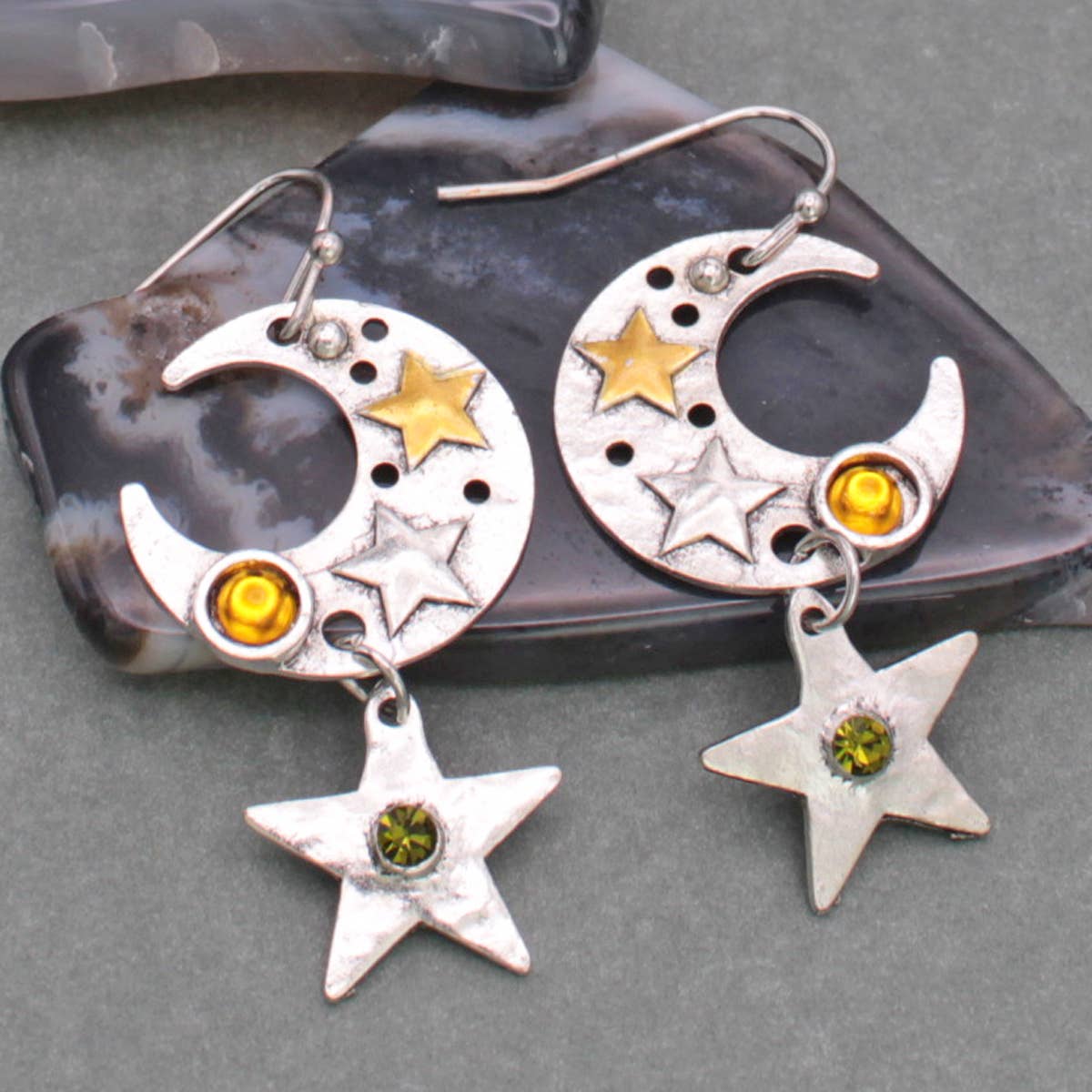 Silver Color Moon and Star Jewel Dangle Earrings