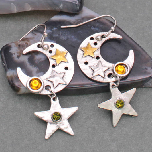 Silver Color Moon and Star Jewel Dangle Earrings