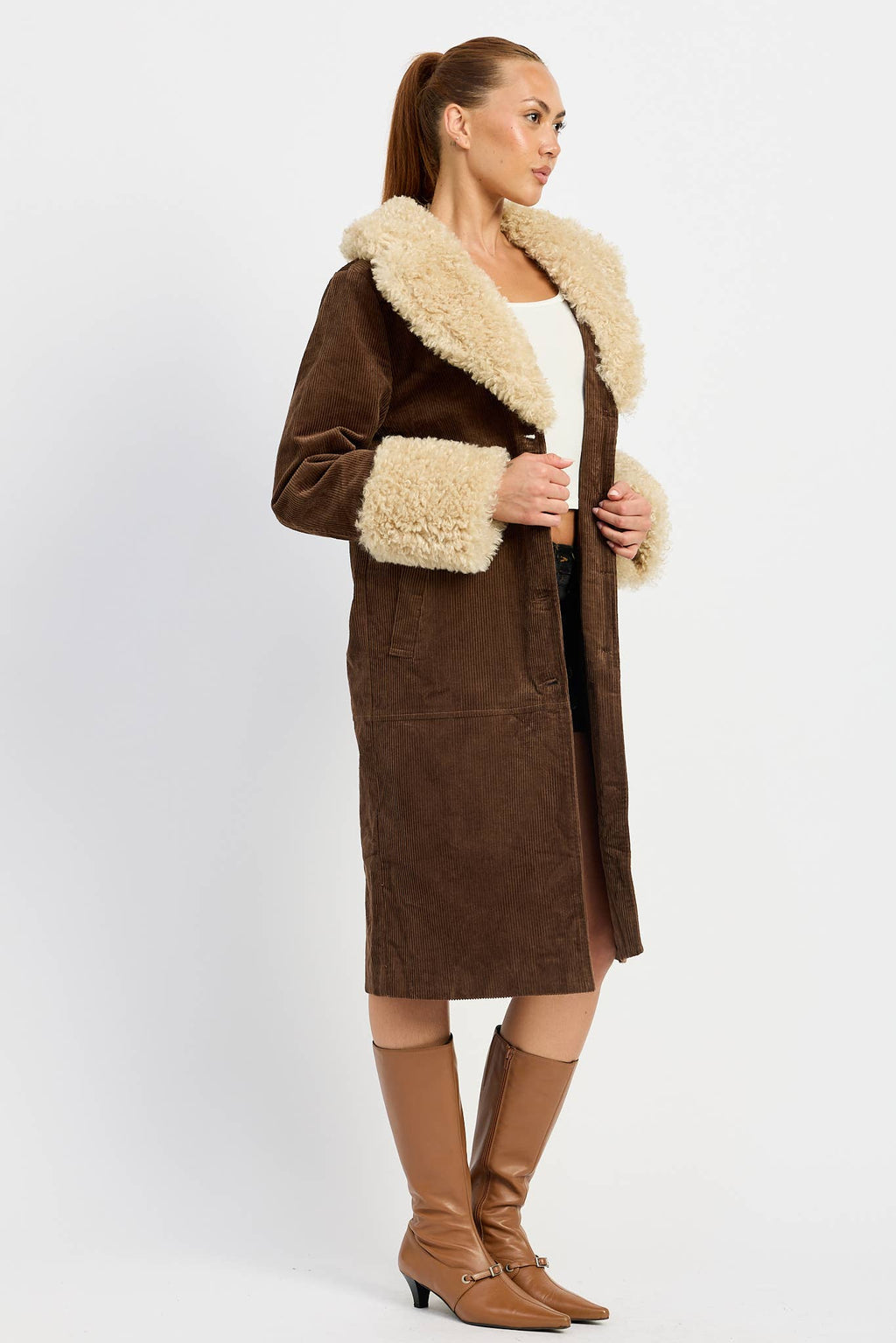 Emory Park • Mid-Length Trench Coat, Faux White Fur