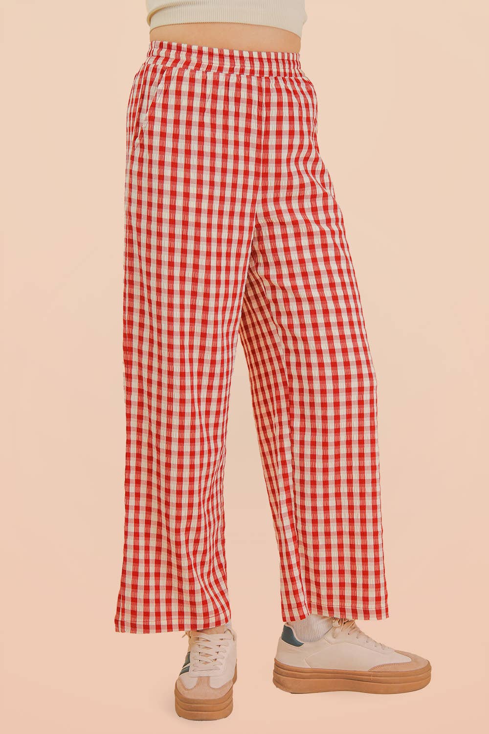 VERY J • Gingham Casual Elastic Relaxed Bottom Pants