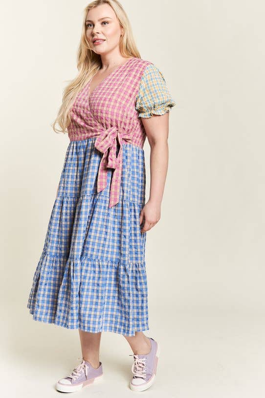 Plus Size, Colorblock Gingham Dress Cottagecore