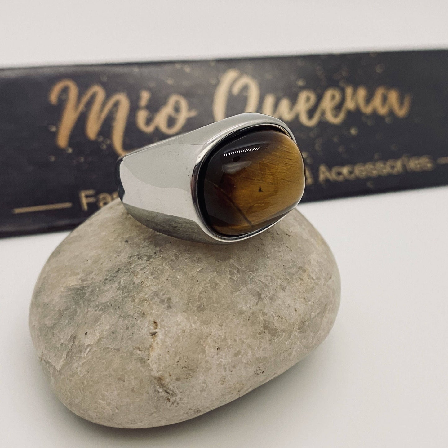 Tiger Eye Stone Men's Stainless Steel Ring, Size 7
