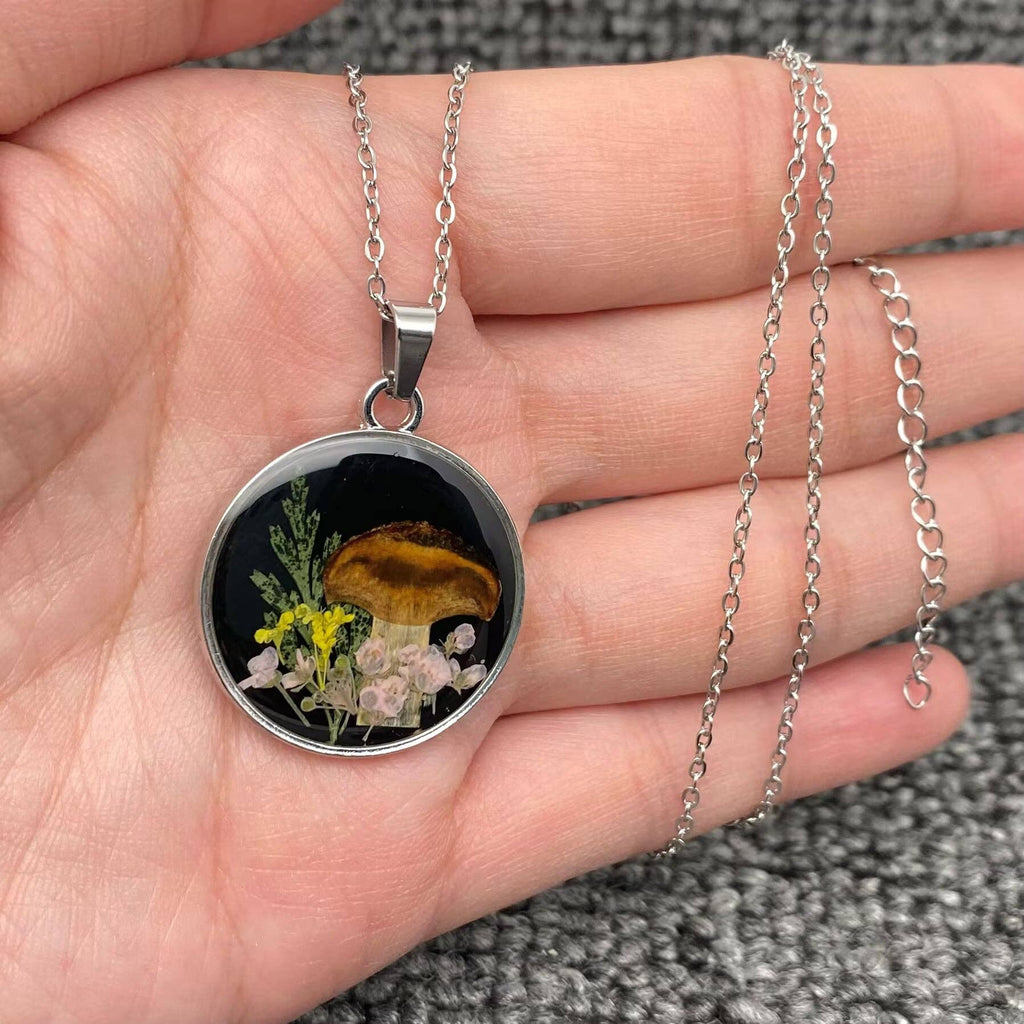 Dried Flower & Mushroom Round Charm Necklace, Stainless Steel Silver Color