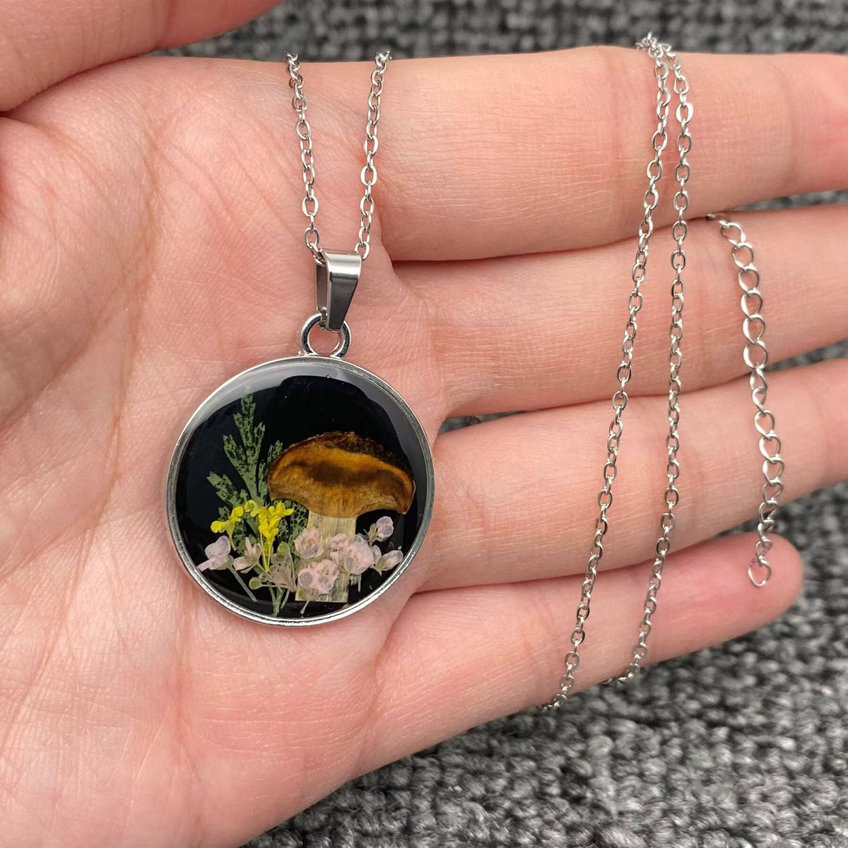 Dried Flower & Mushroom Round Charm Necklace, Stainless Steel Silver Color