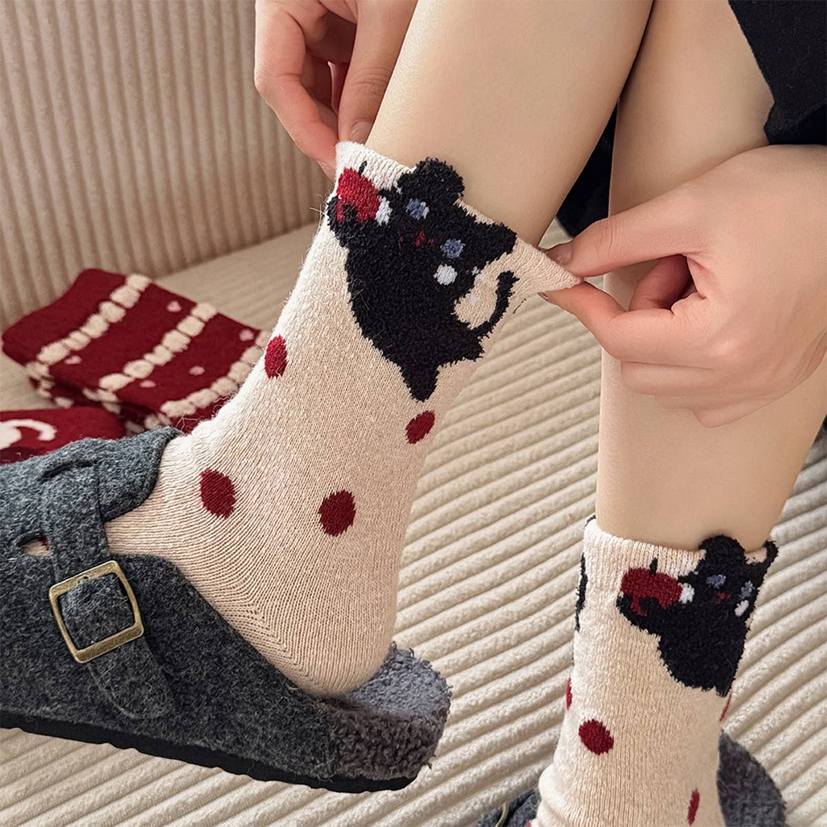 Warm Red Wool Thick Crew Socks