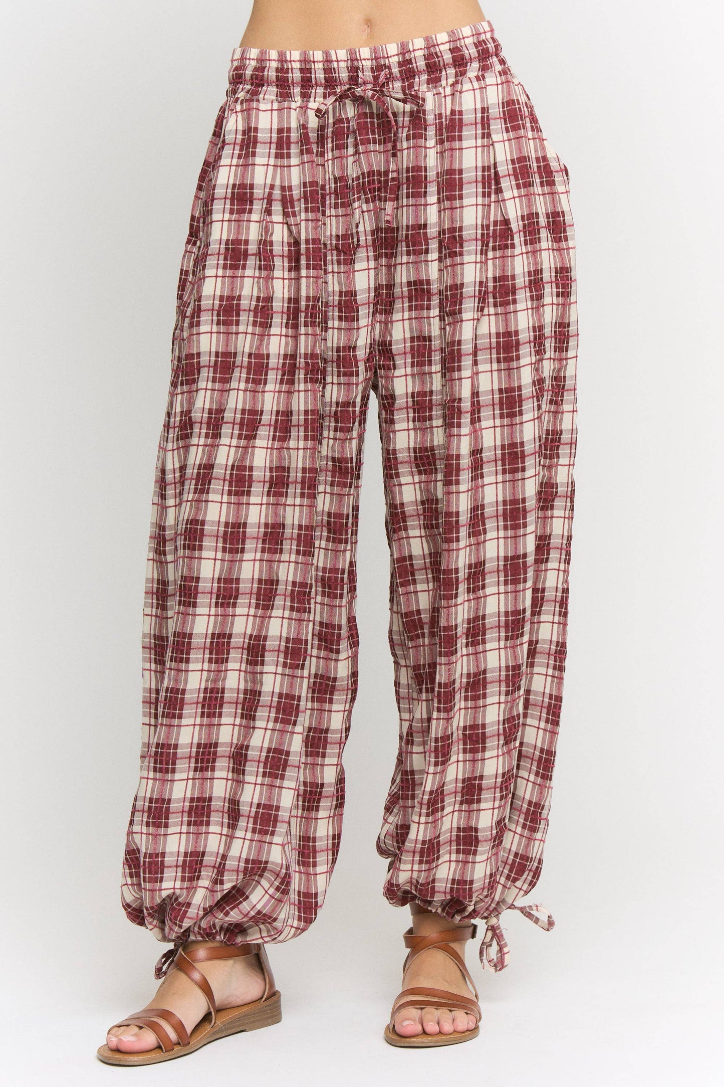 Plus Size, Wine Maroon Plaid Cinched Stretch Pants