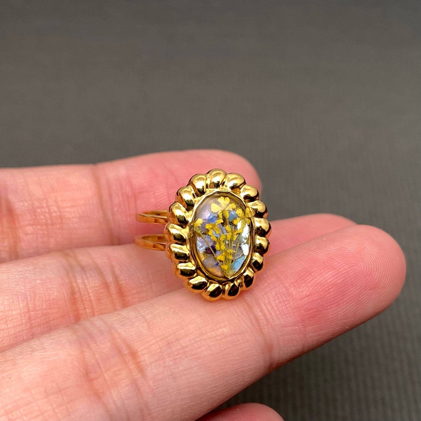 Dried Flower Adjustable Floral Rings, 18k Gold Plated