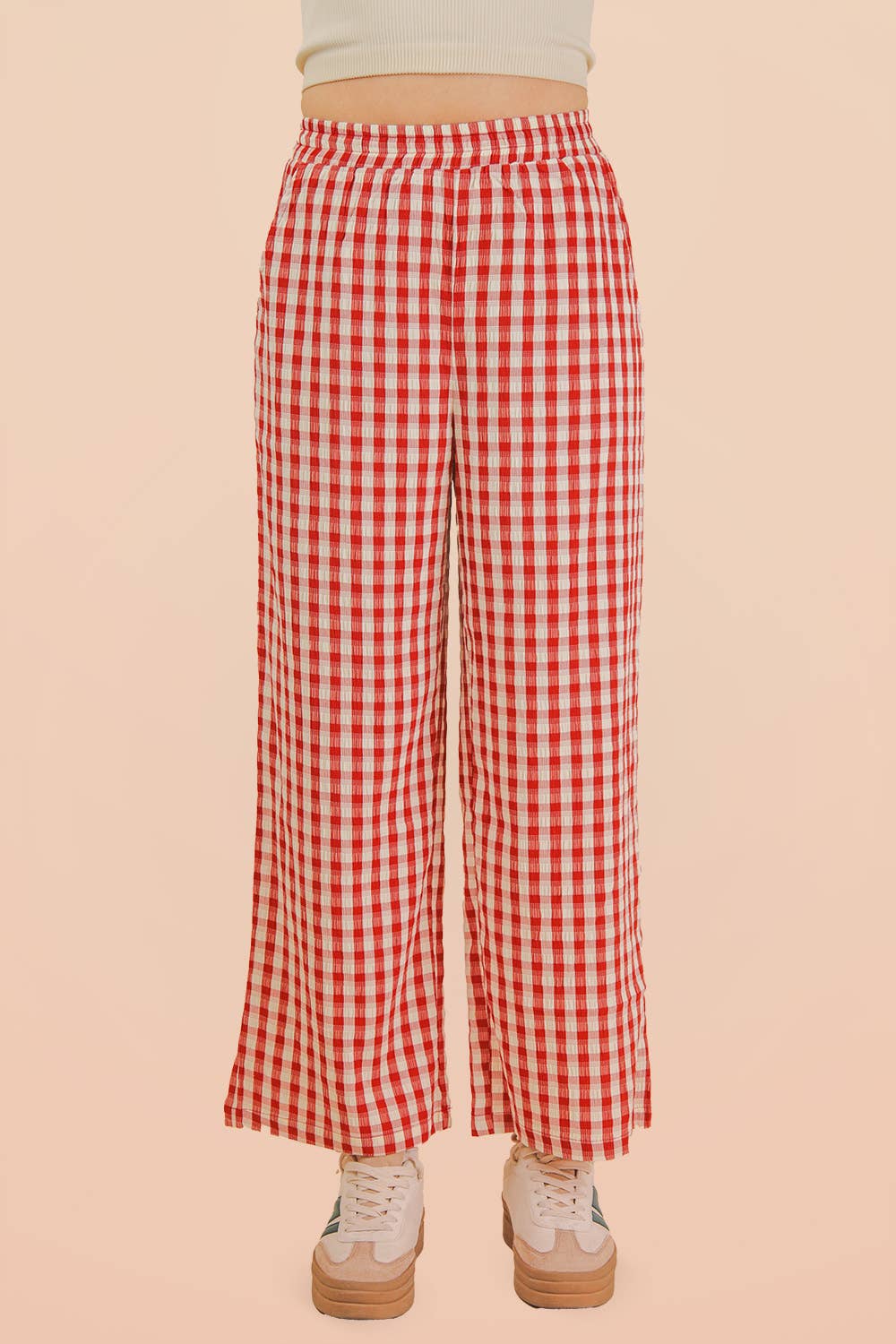 VERY J • Gingham Casual Elastic Relaxed Bottom Pants