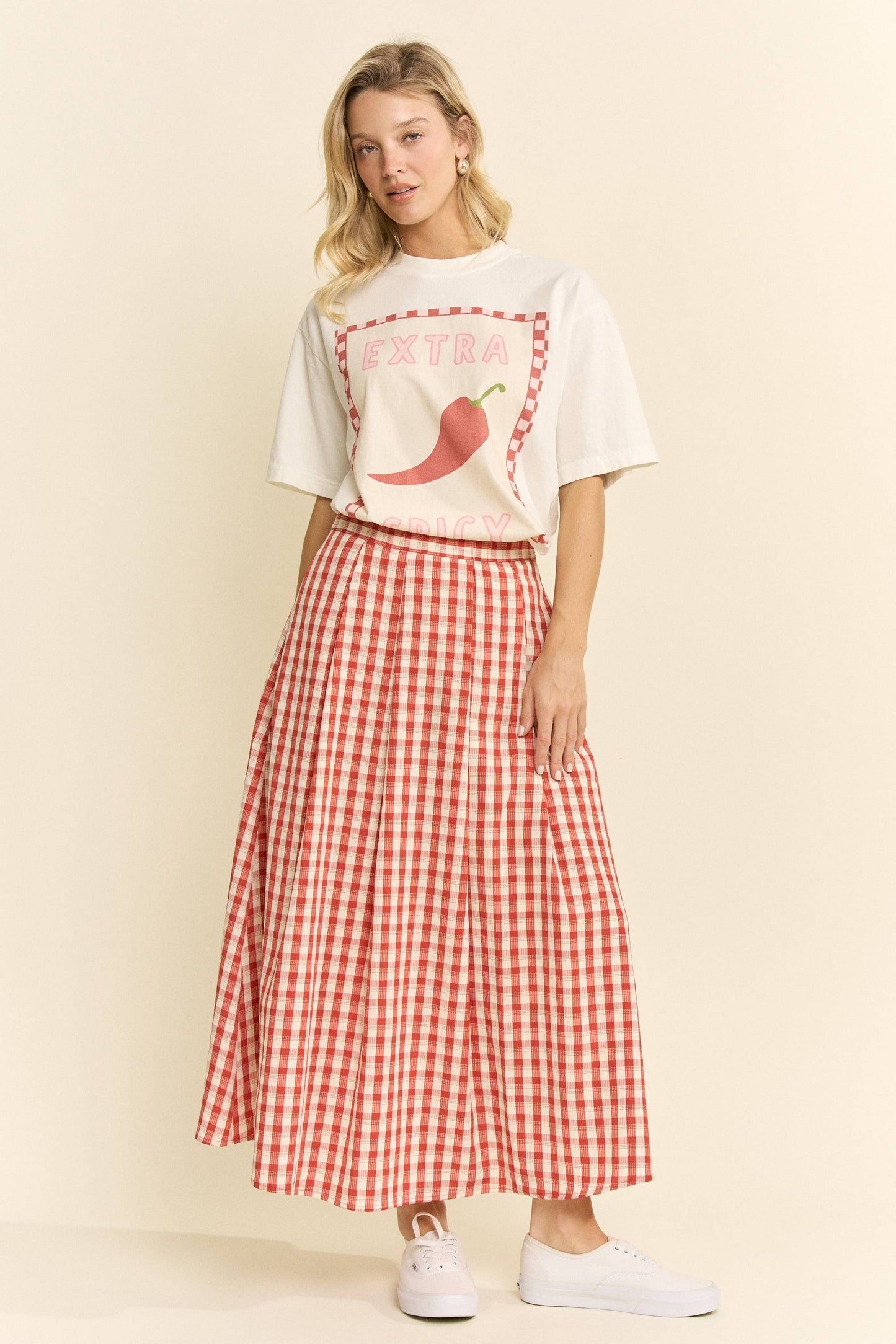 Plus Size, Gingham Midi Skirt, Red & Black Gingham