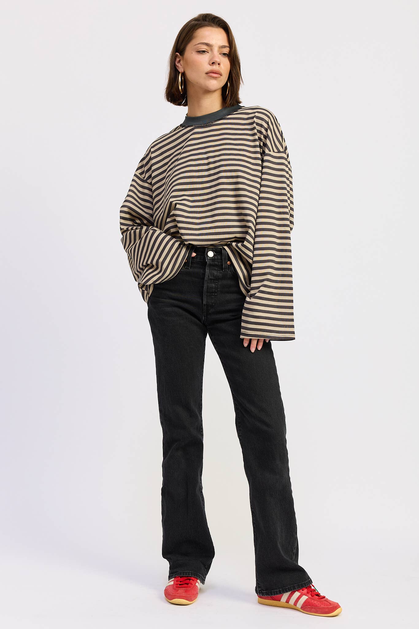 Emory Park • Oversized Stripe Taupe Long Sleeve Top