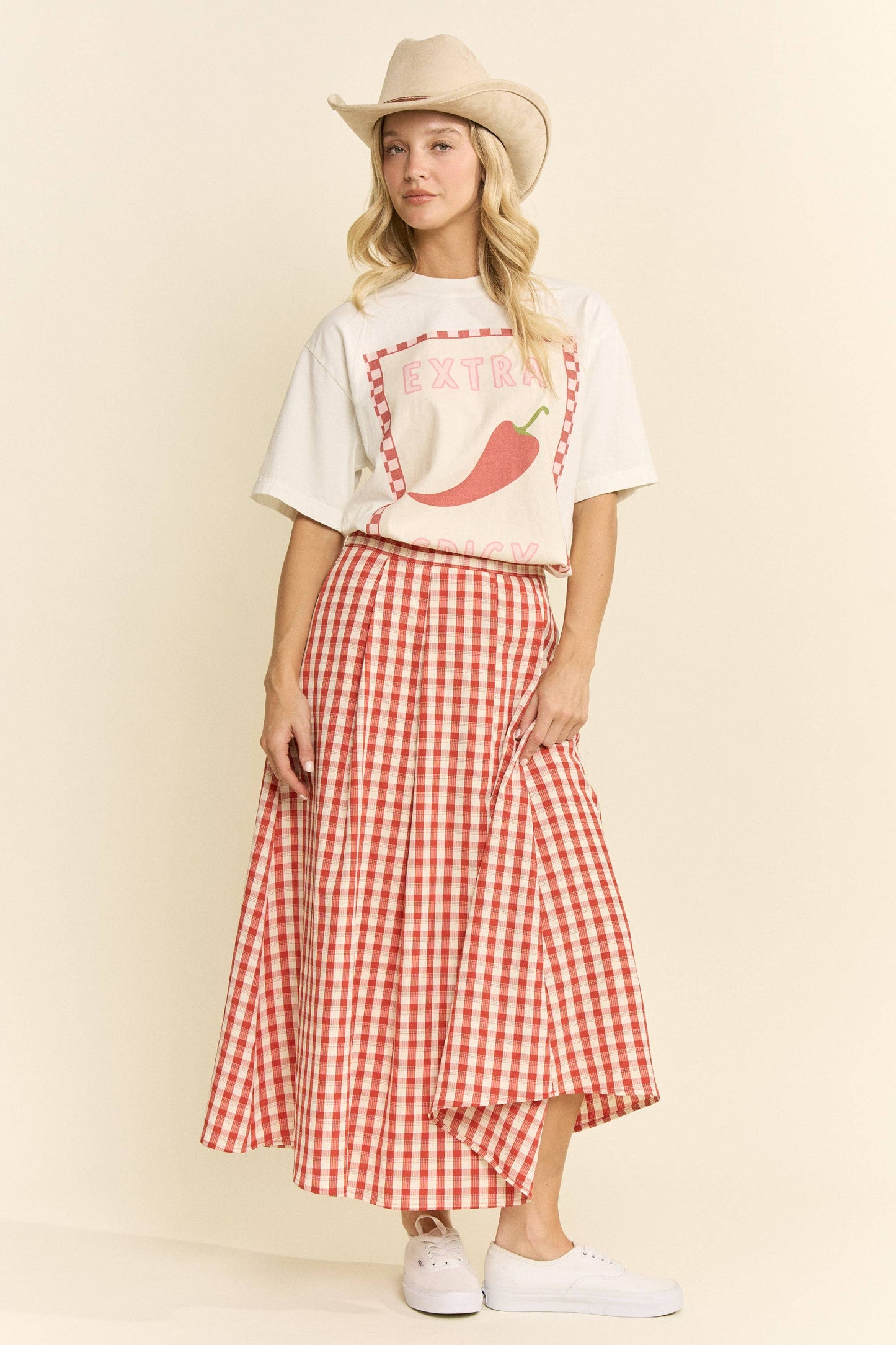 Plus Size, Gingham Midi Skirt, Red & Black Gingham
