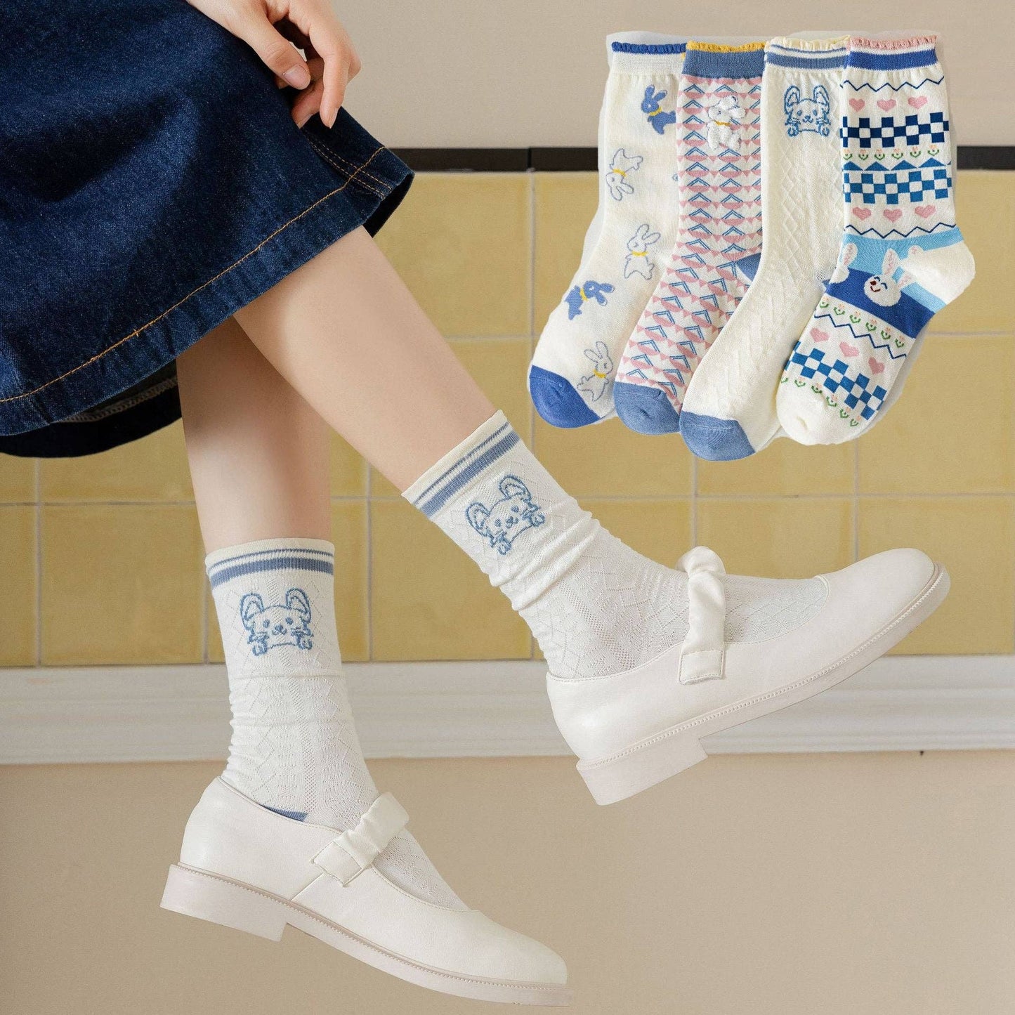 Cute Bunny Socks in Light Blue and White
