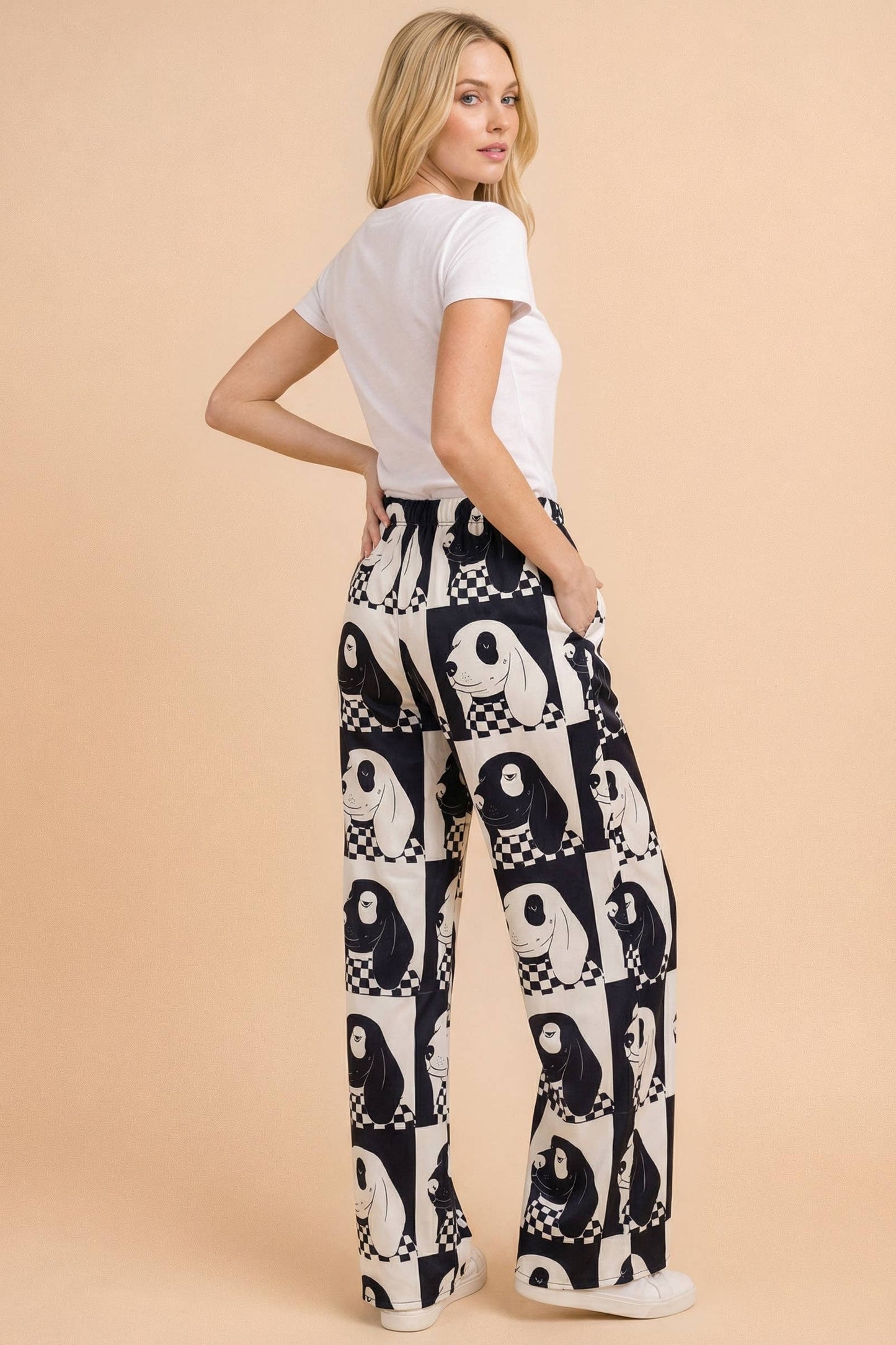 Plus Size, Dog Pattern Checkered Wide Leg Pants